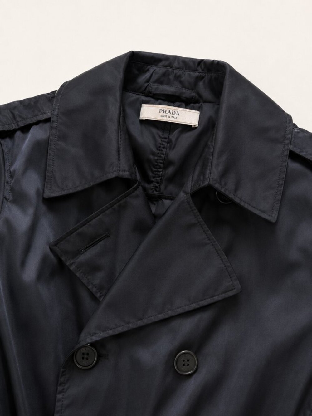 Prada Black Double-Breasted Nylon Trench Coat with Logo Belt - Picture 4 of 6